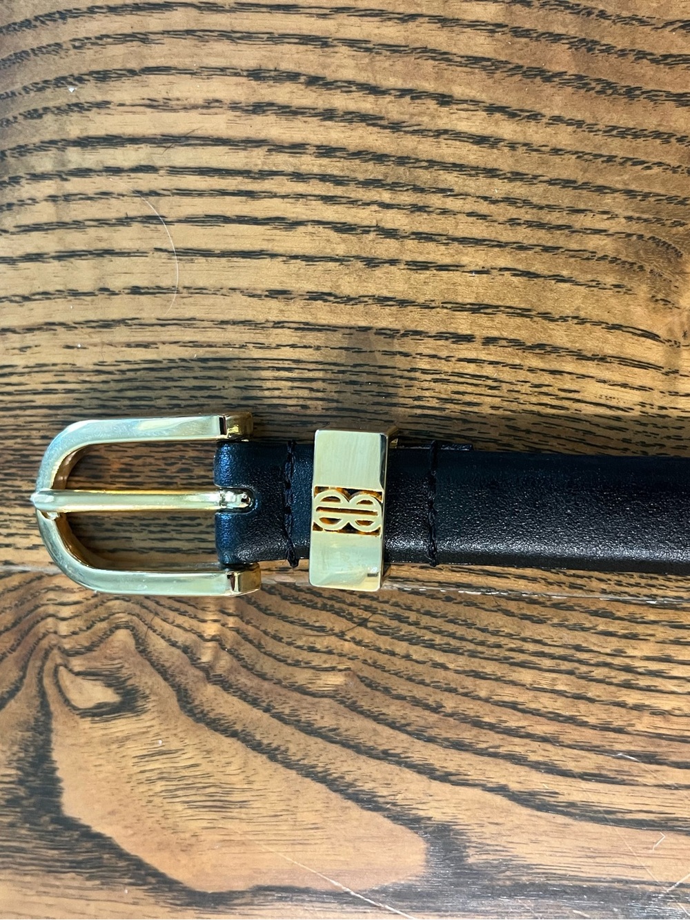 Vintage 80s Bill Blass Black Leather Skinny Belt Gold BB Logo Size M